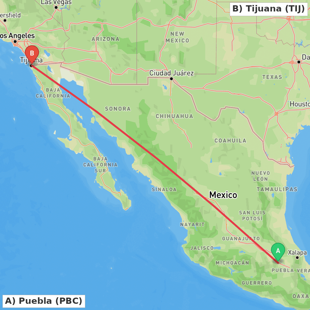 Flight route map from Puebla to Tijuana