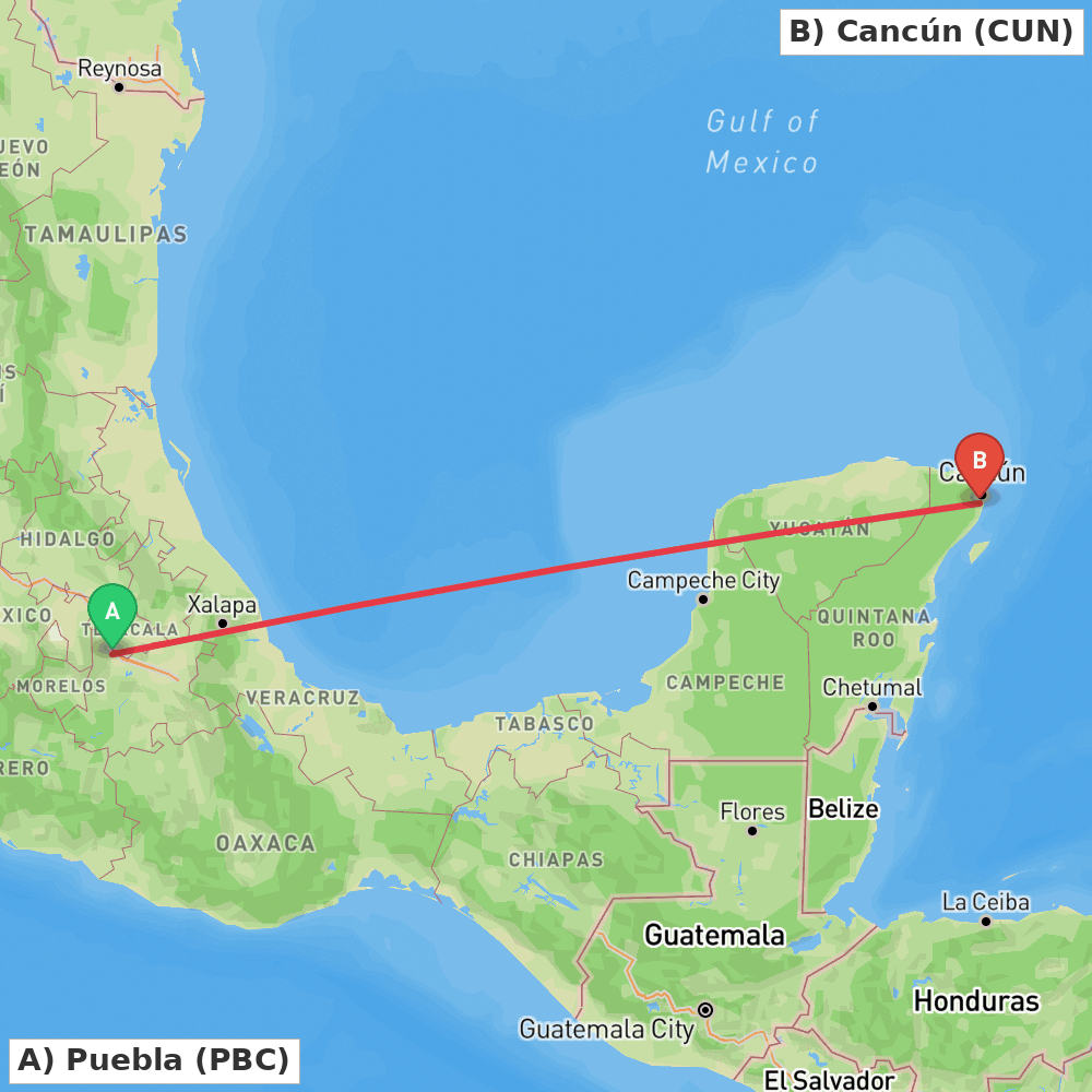Flight route map from Puebla to Cancún