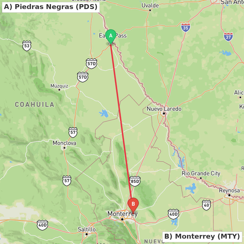Flight route map from Piedras Negras to Monterrey
