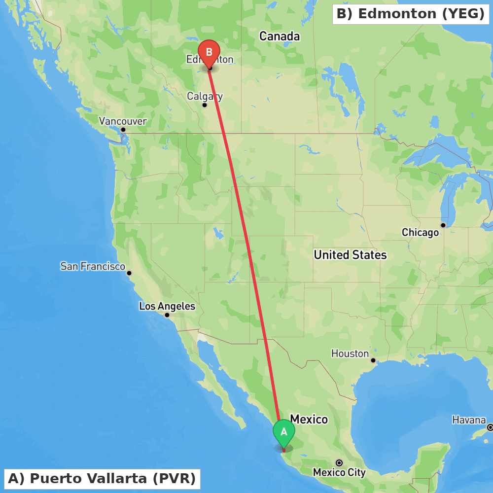 Flight route map from Puerto Vallarta to Edmonton