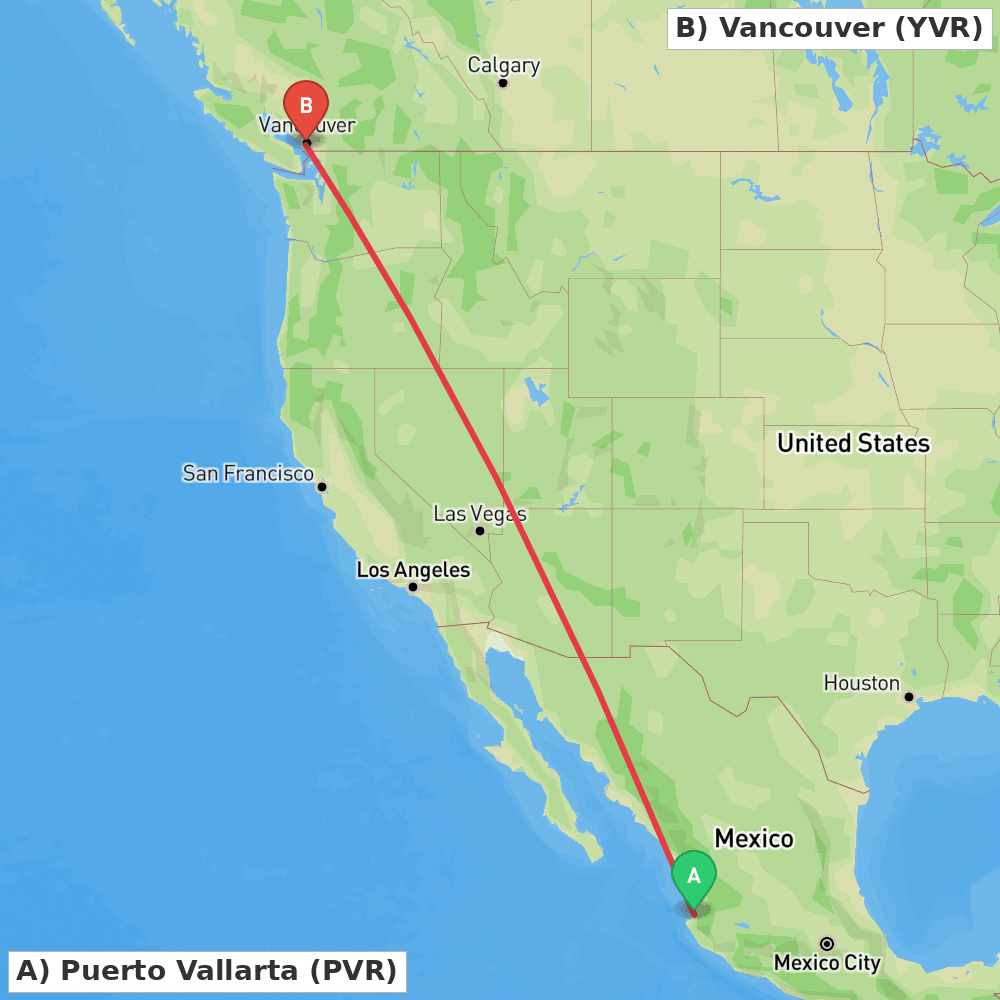 Flight route map from Puerto Vallarta to Vancouver