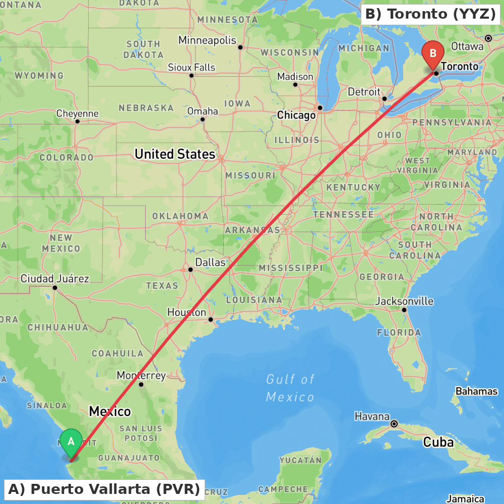 Flight route map from Puerto Vallarta to Toronto