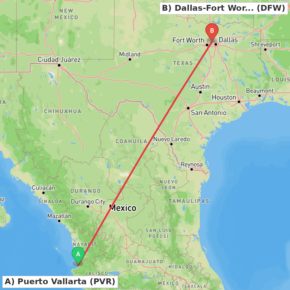 Flight route map from Puerto Vallarta to Dallas-Fort Worth