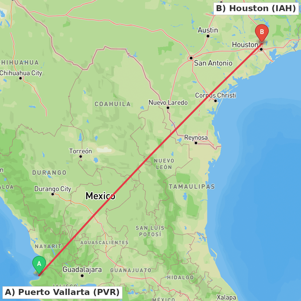 Flight route map from Puerto Vallarta to Houston