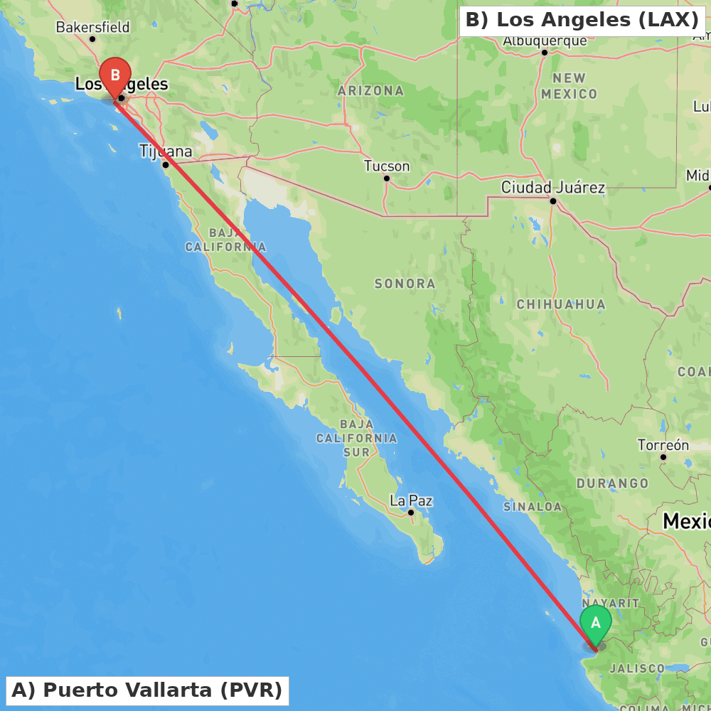 Flight route map from Puerto Vallarta to Los Angeles