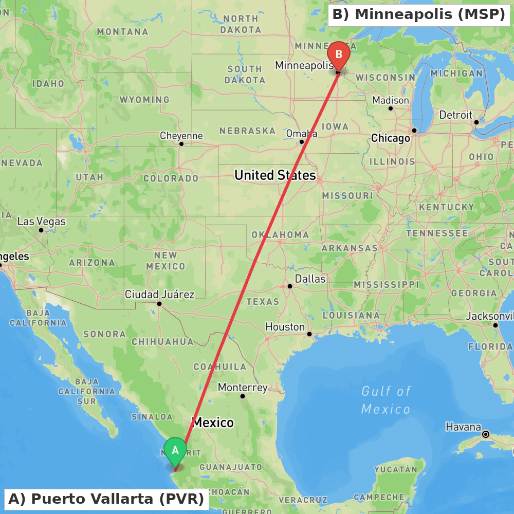 Flight route map from Puerto Vallarta to Minneapolis