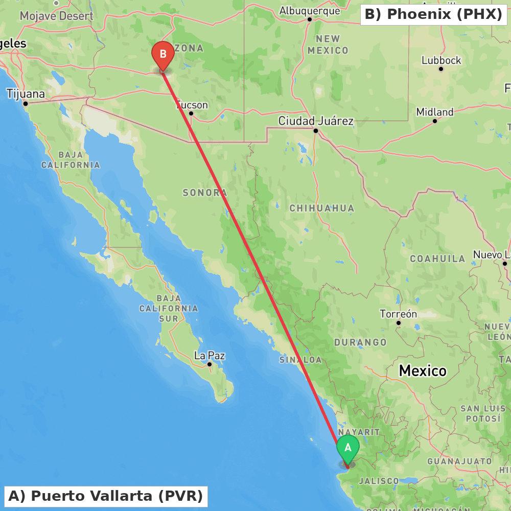 Flight route map from Puerto Vallarta to Phoenix