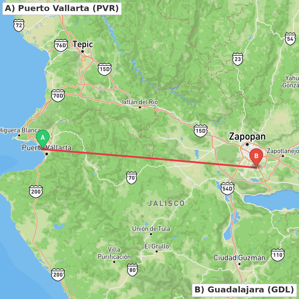 Flight route map from Puerto Vallarta to Guadalajara