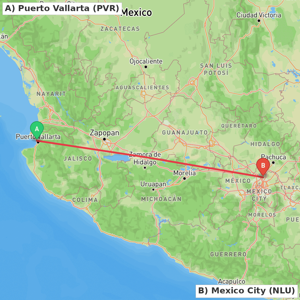 Flight route map from Puerto Vallarta to Mexico City