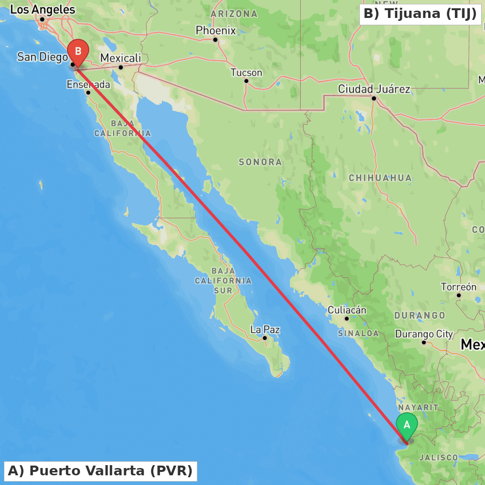 Flight route map from Puerto Vallarta to Tijuana
