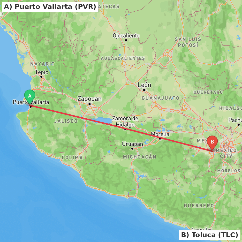 Flight route map from Puerto Vallarta to Toluca