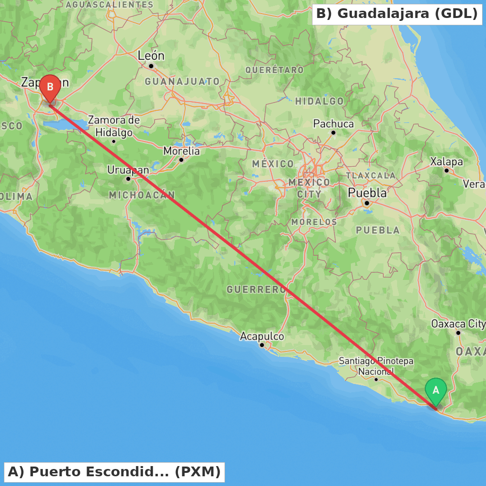 Flight route map from Puerto Escondido to Guadalajara