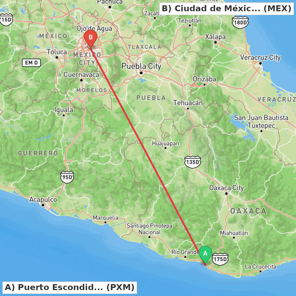 Flight route map from Puerto Escondido to Ciudad de México