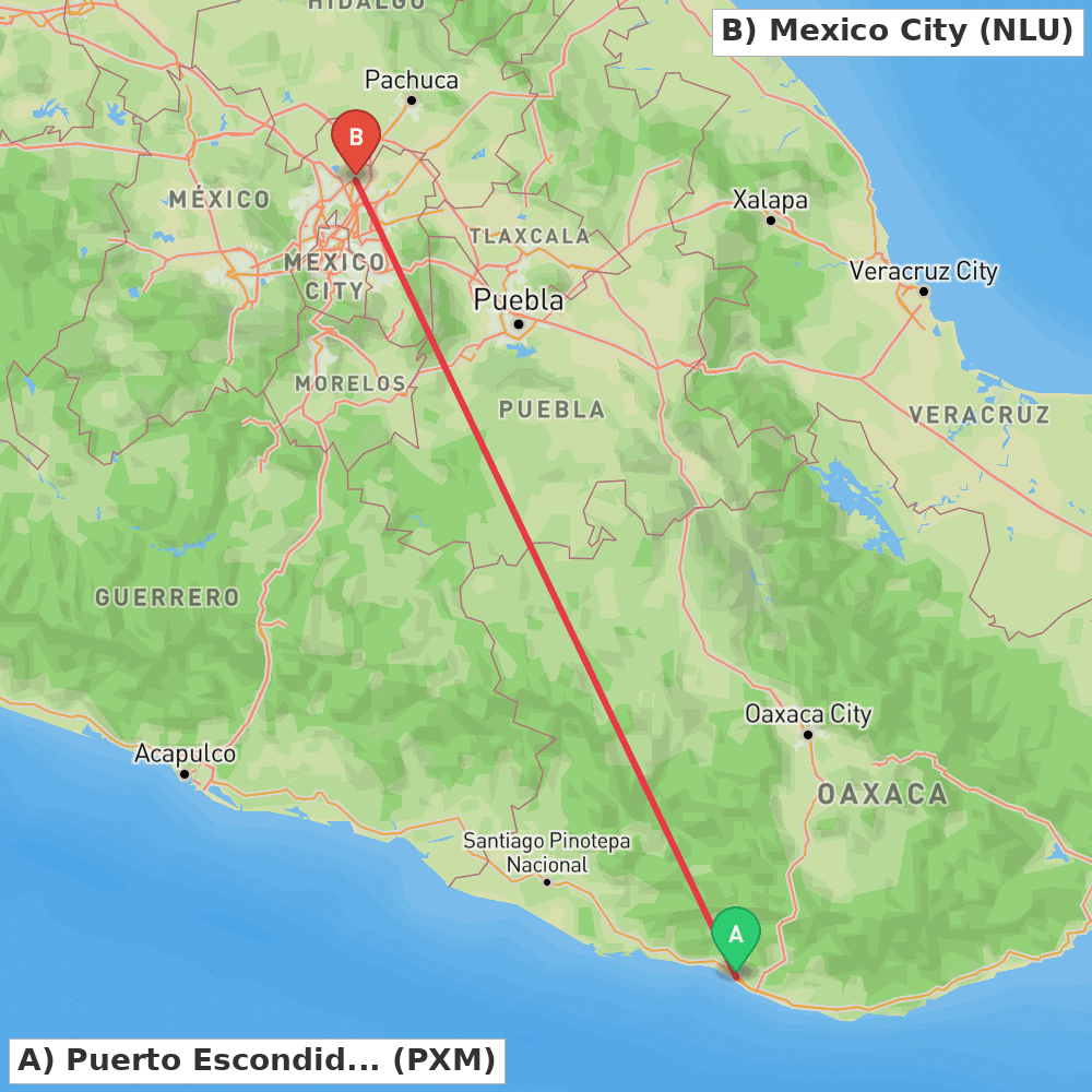 Flight route map from Puerto Escondido to Mexico City