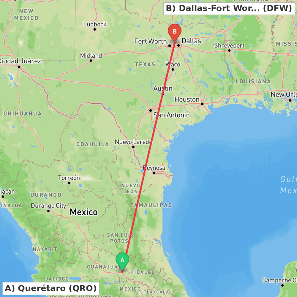 Flight route map from Querétaro to Dallas-Fort Worth