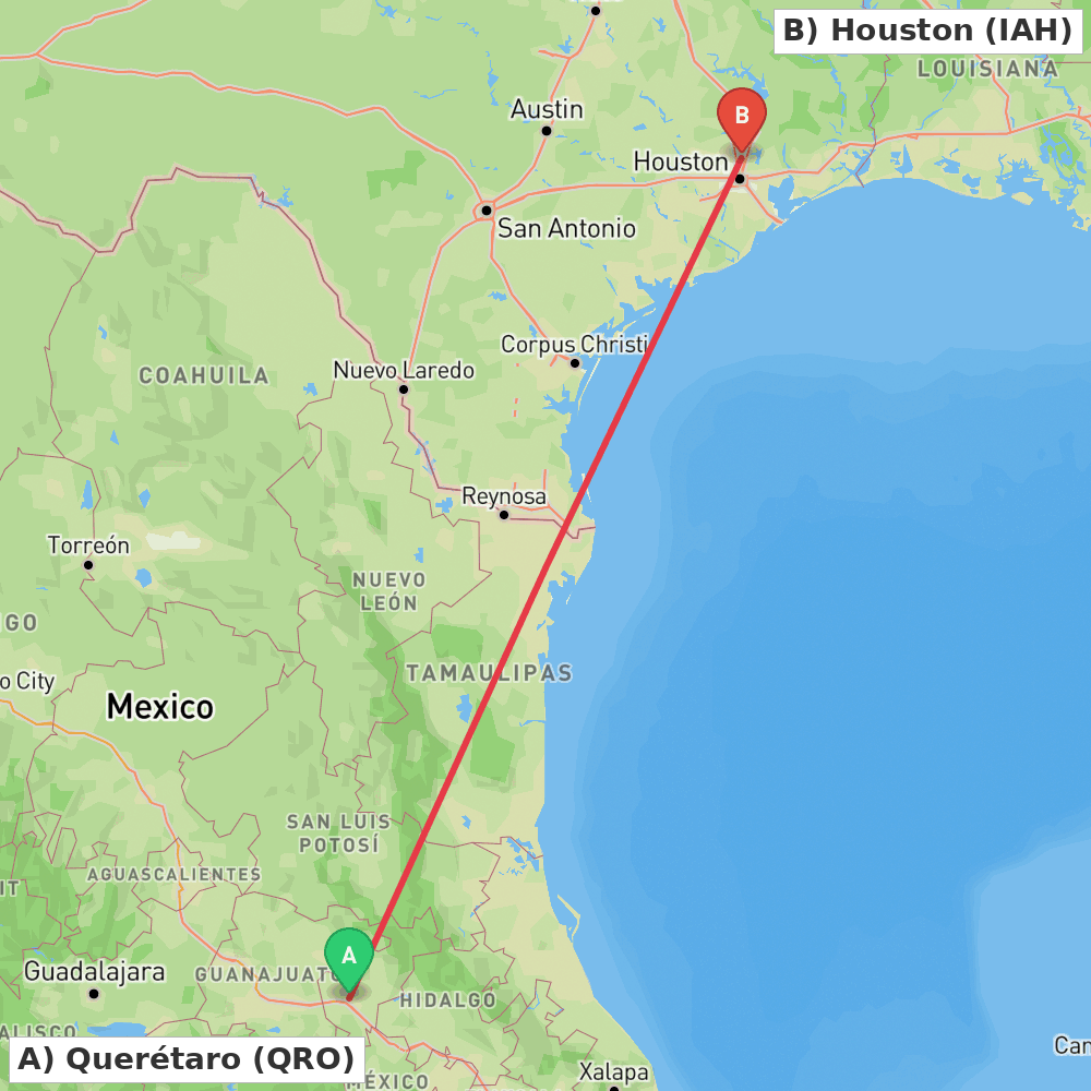 Flight route map from Querétaro to Houston