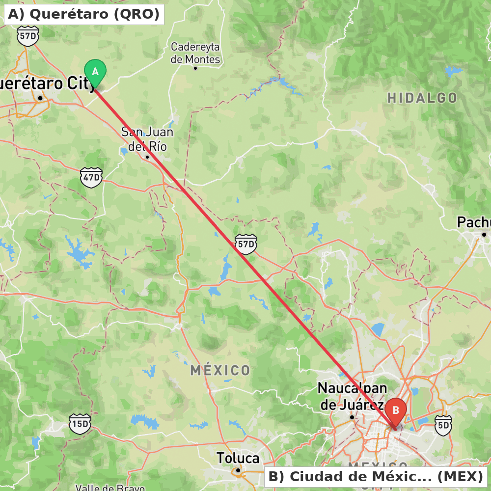 Flight route map from Querétaro to Ciudad de México