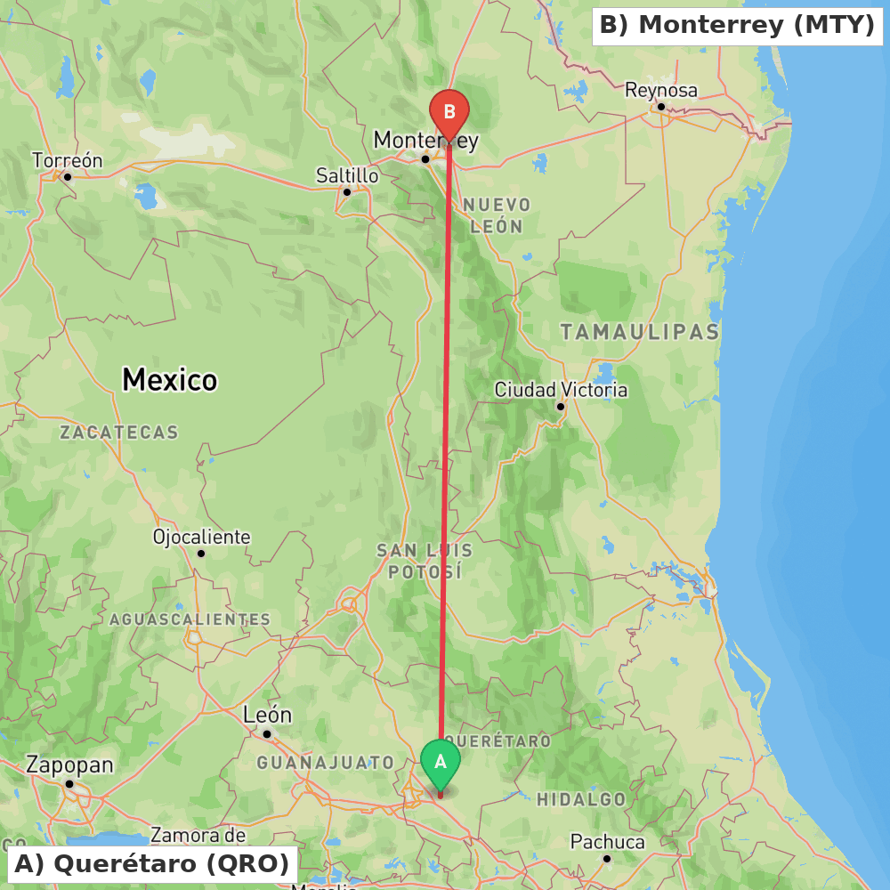Flight route map from Querétaro to Monterrey