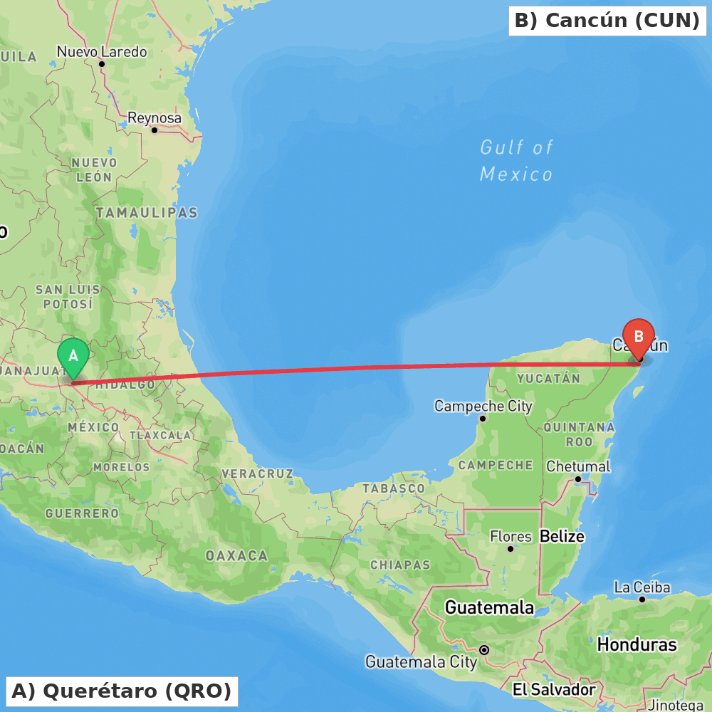 Flight route map from Querétaro to Cancún