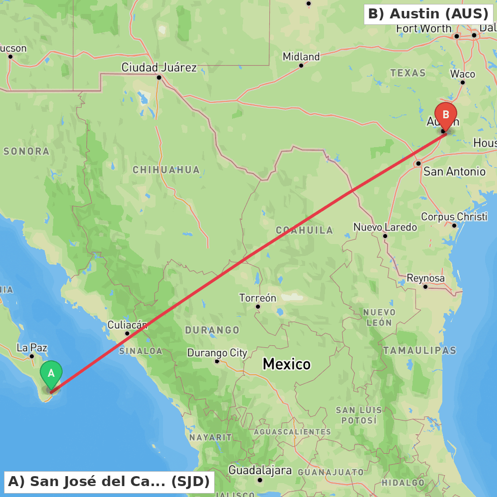 Flight route map from San José del Cabo to Austin