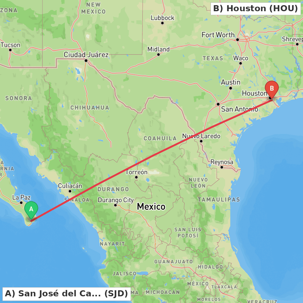 Flight route map from San José del Cabo to Houston