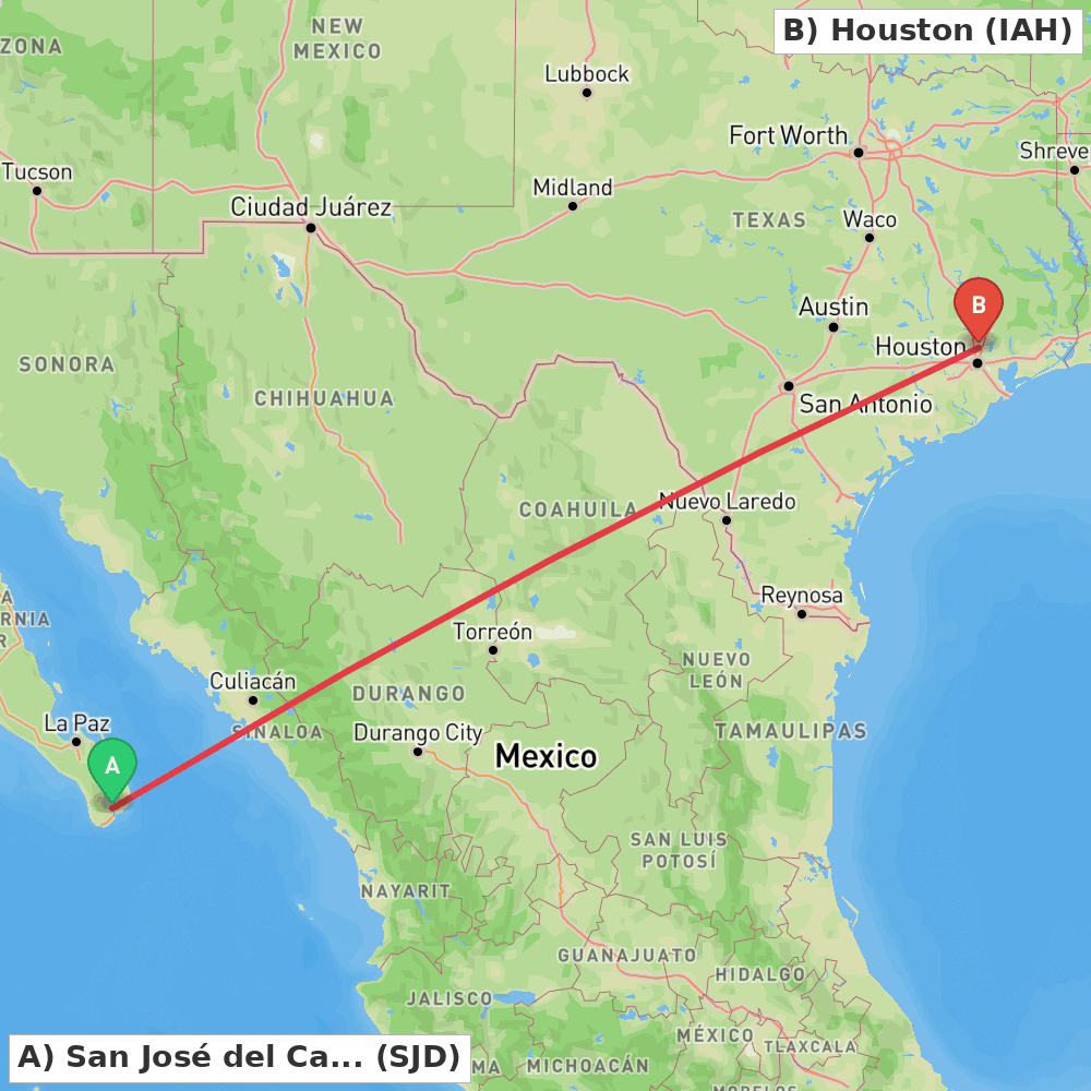 Flight route map from San José del Cabo to Houston