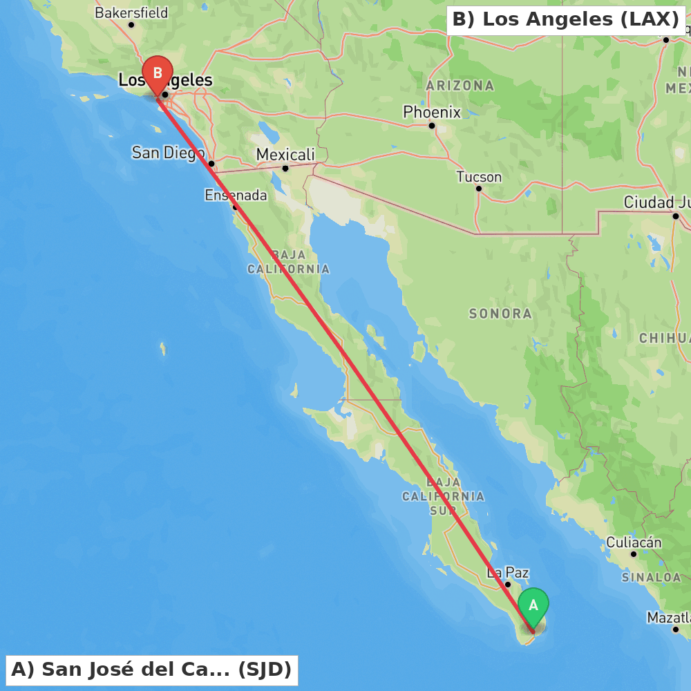 Flight route map from San José del Cabo to Los Angeles