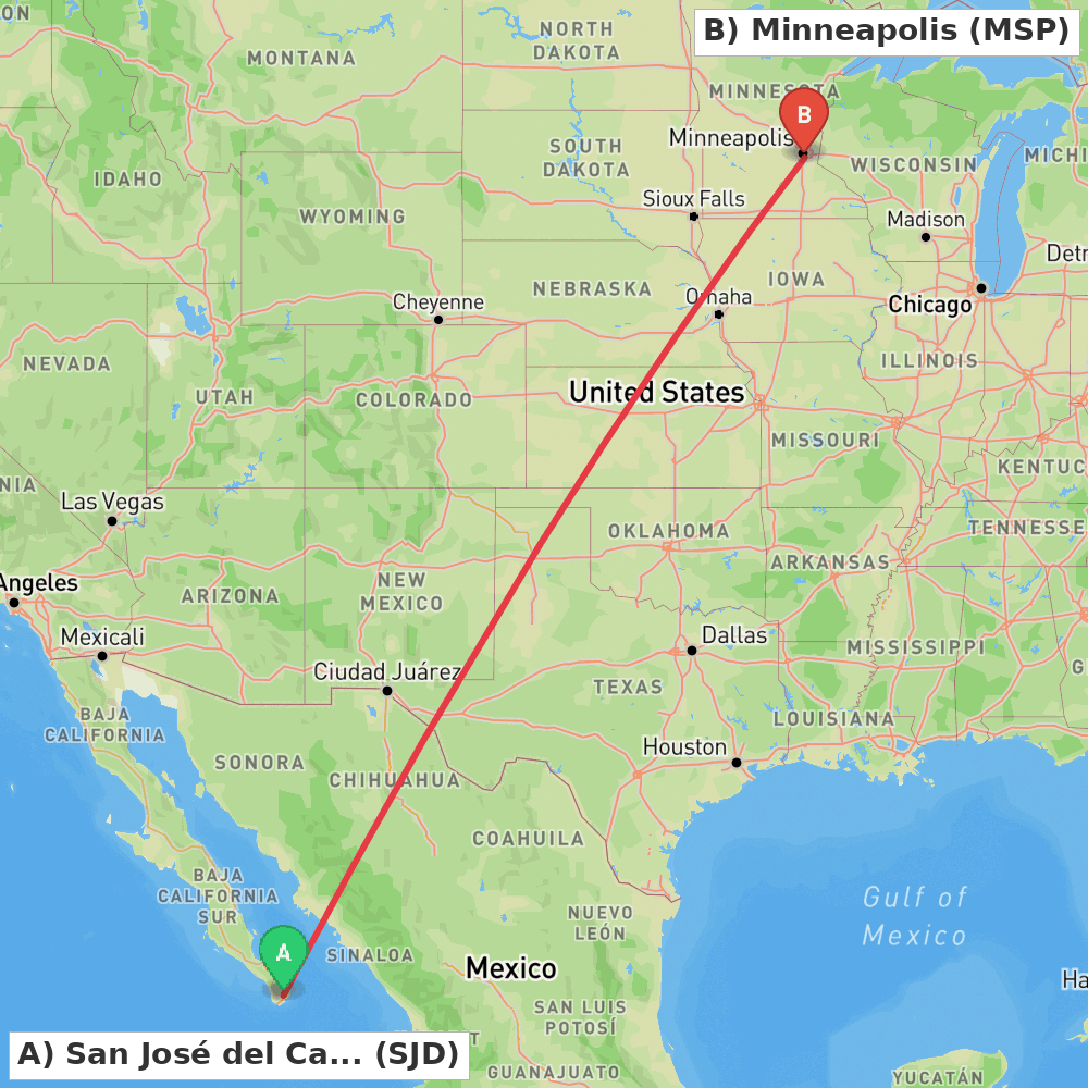 Flight route map from San José del Cabo to Minneapolis