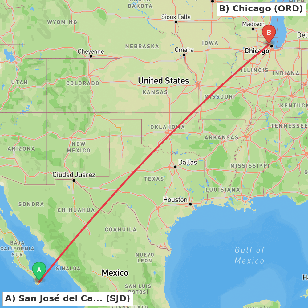 Flight route map from San José del Cabo to Chicago