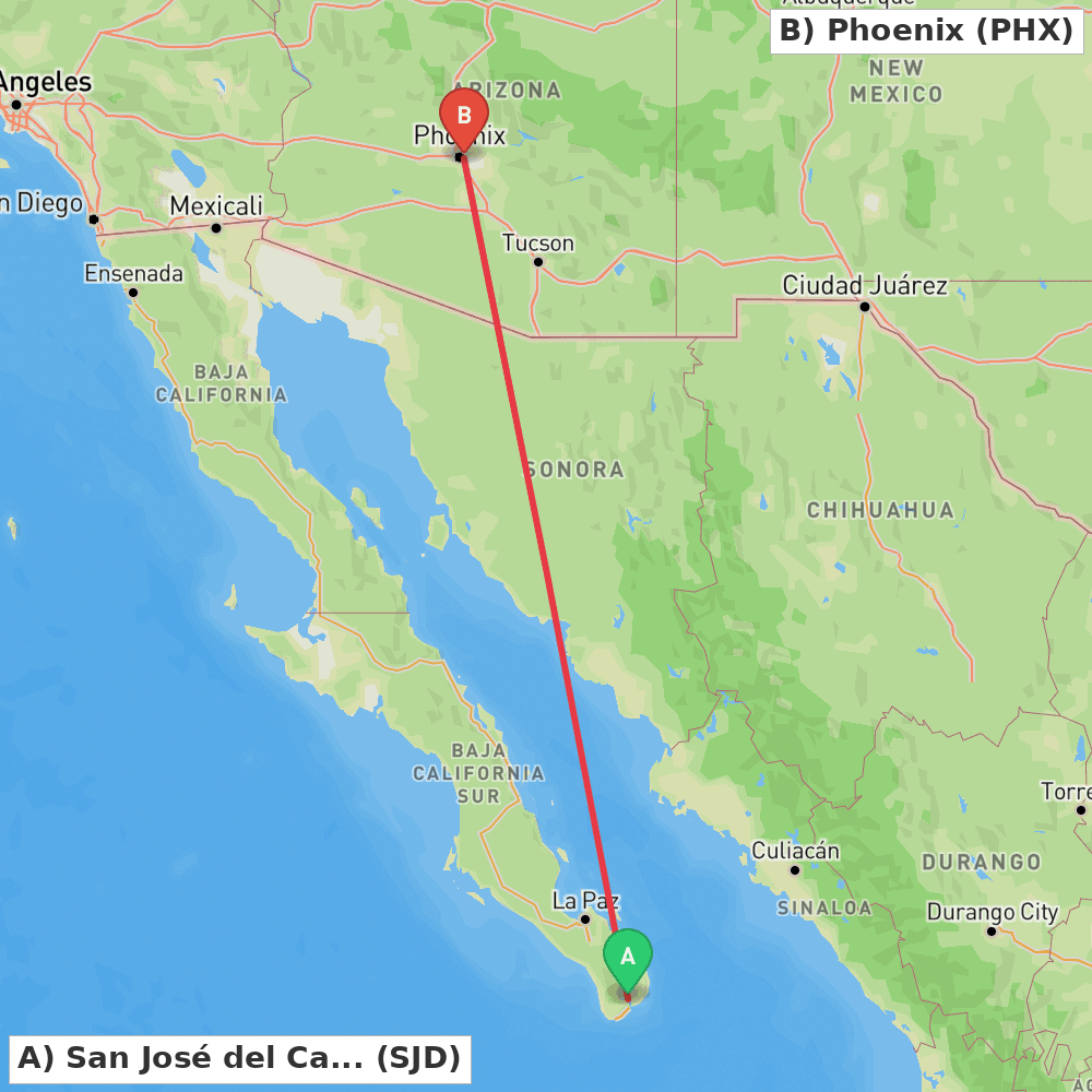 Flight route map from San José del Cabo to Phoenix