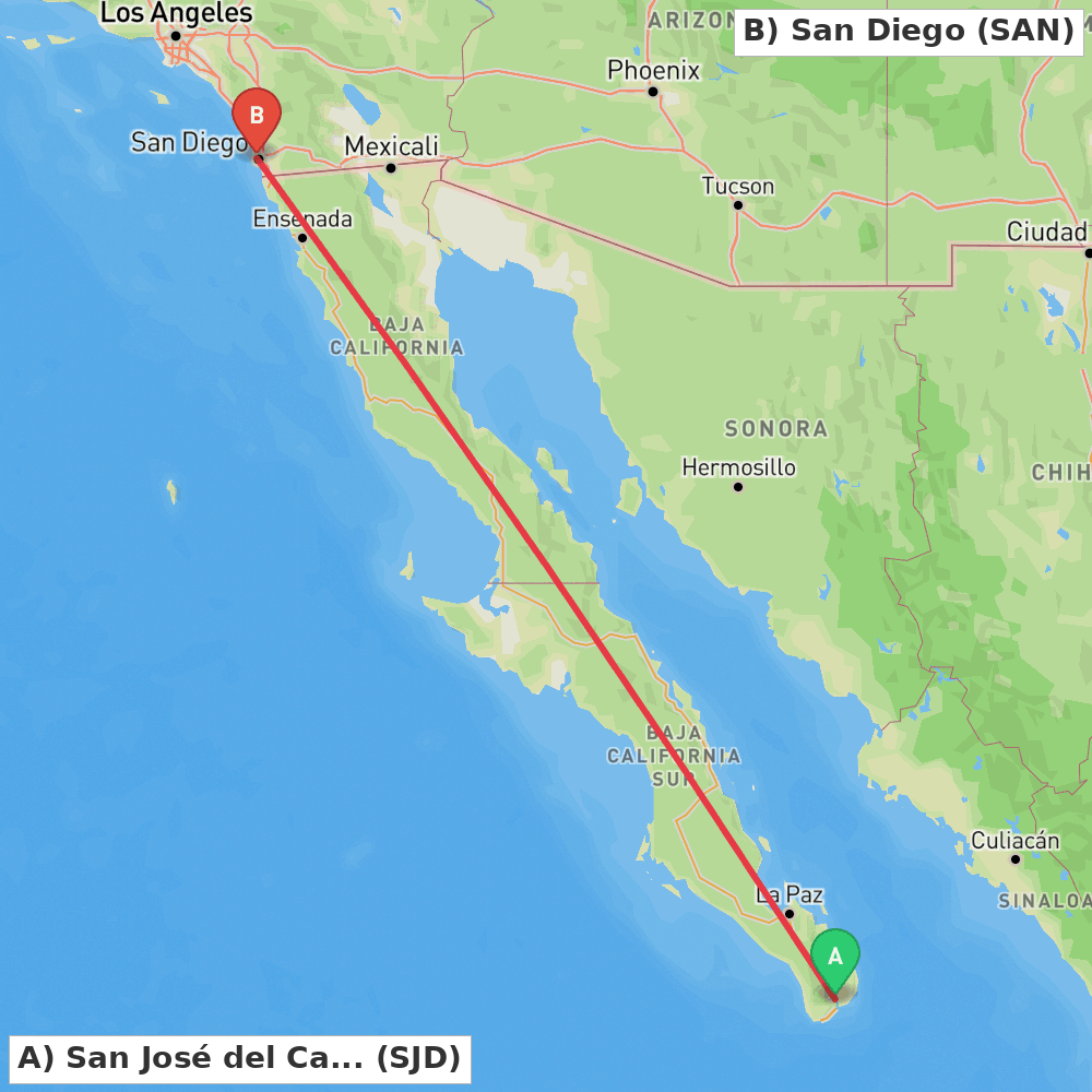 Flight route map from San José del Cabo to San Diego