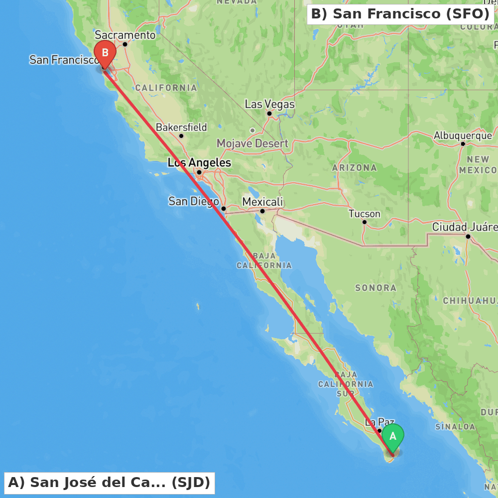 Flight route map from San José del Cabo to San Francisco
