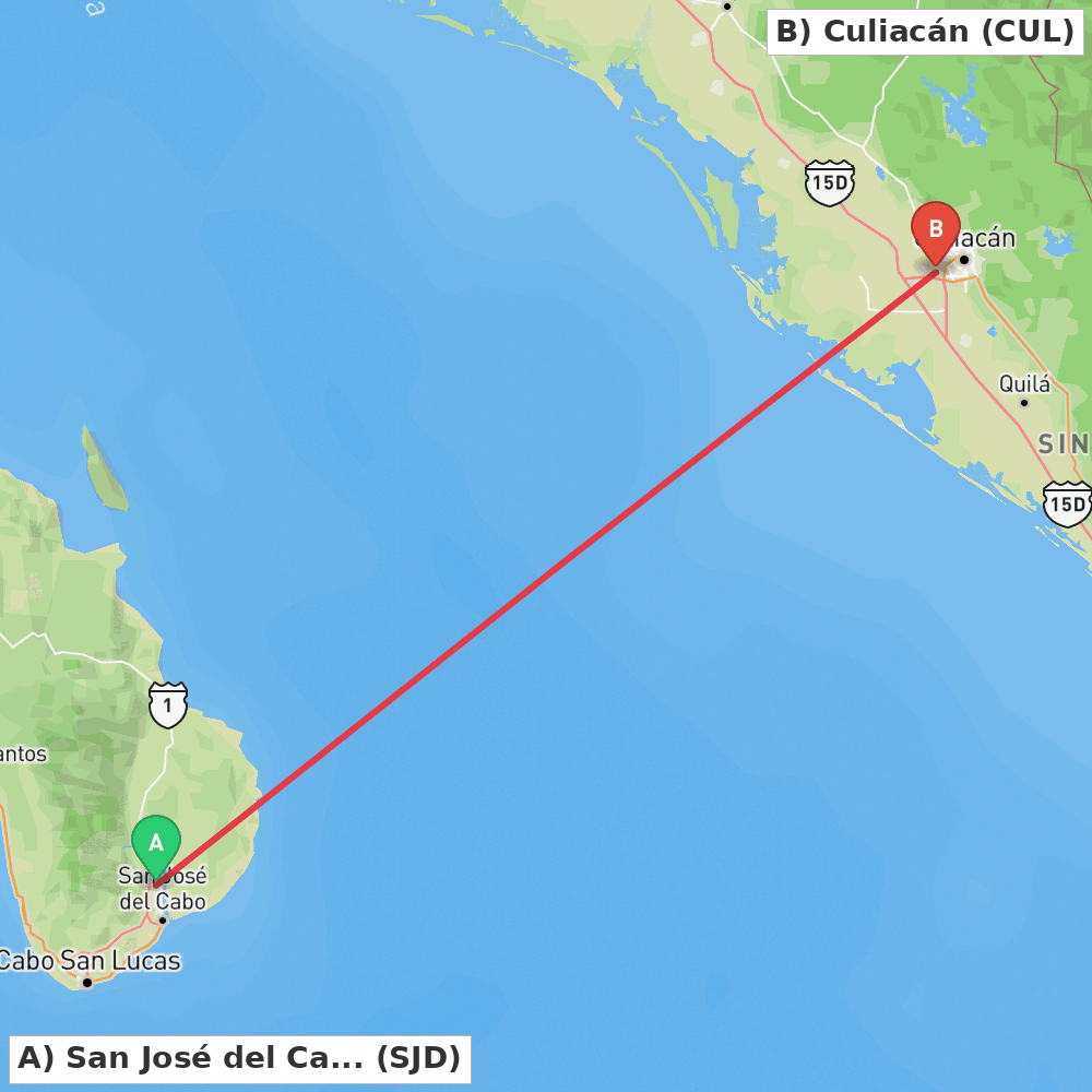 Flight route map from San José del Cabo to Culiacán