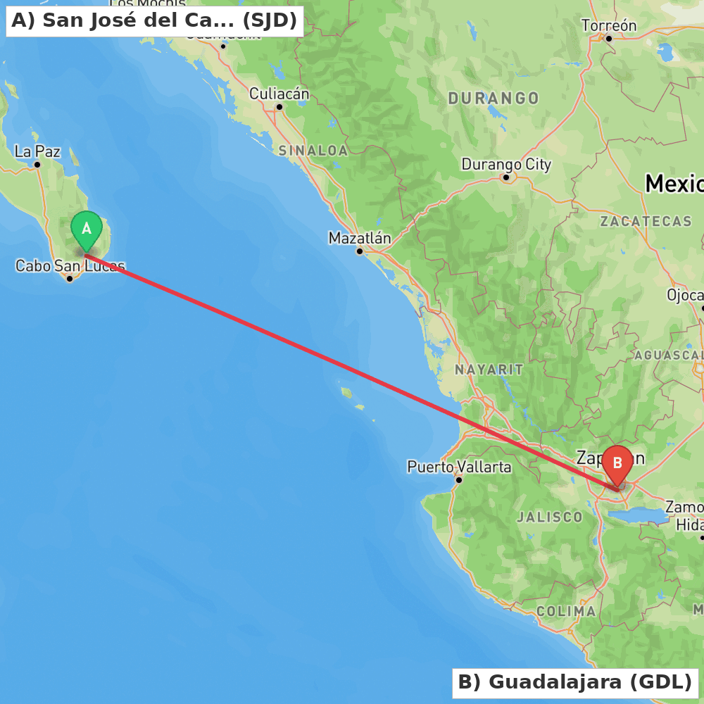 Flight route map from San José del Cabo to Guadalajara