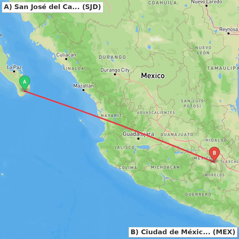 Flight route map from San José del Cabo to Ciudad de México