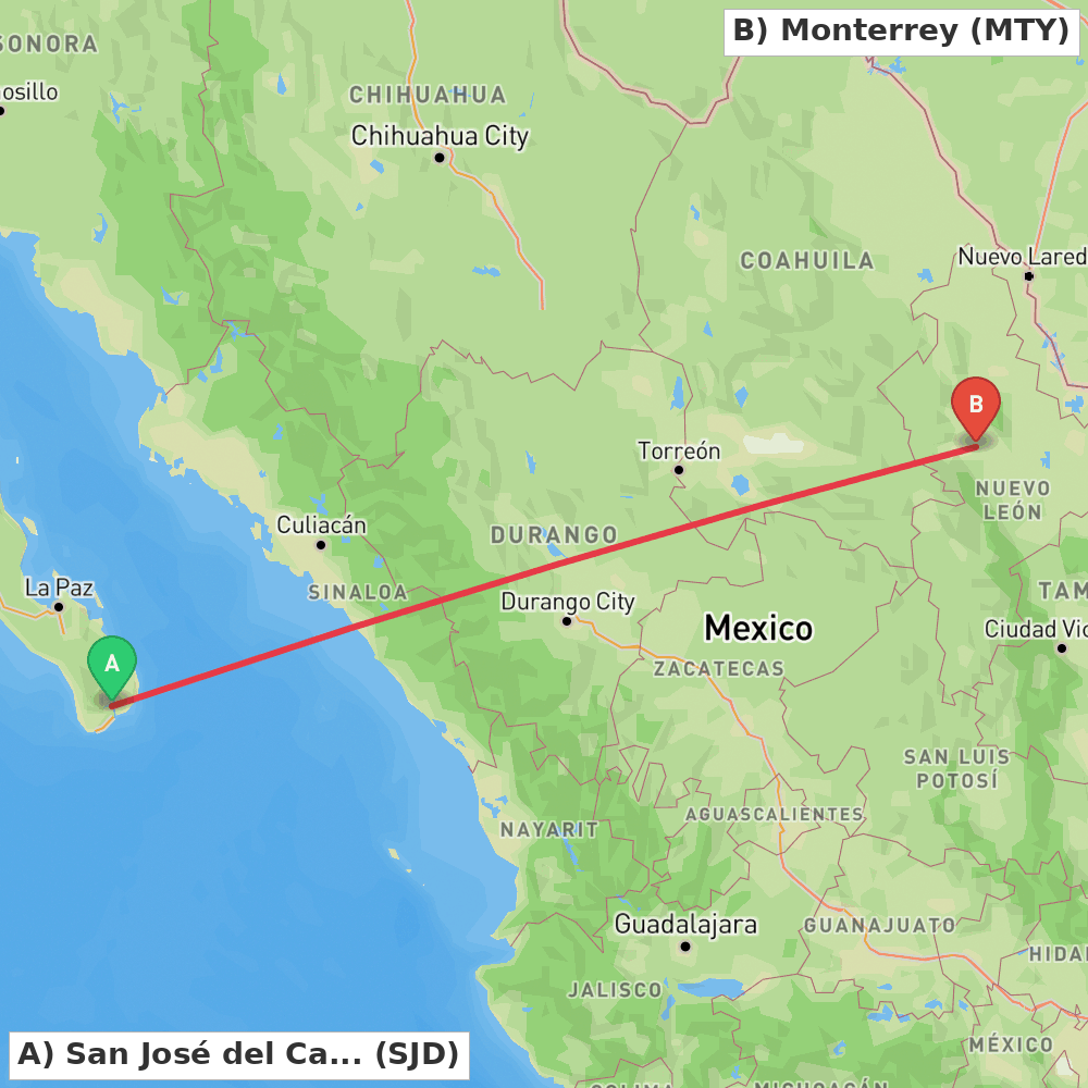 Flight route map from San José del Cabo to Monterrey