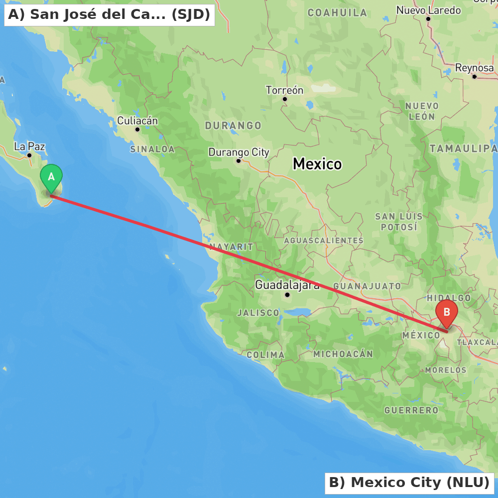 Flight route map from San José del Cabo to Mexico City