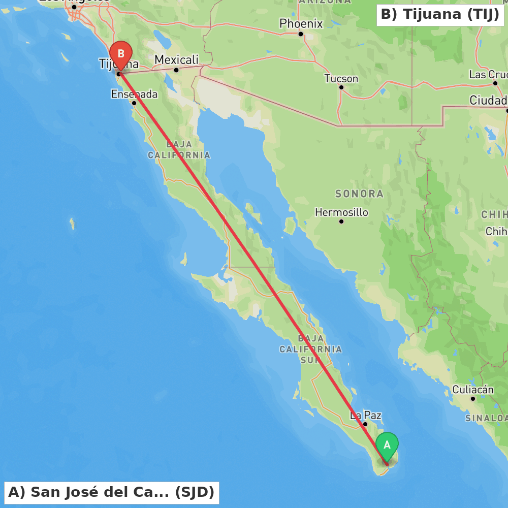 Flight route map from San José del Cabo to Tijuana