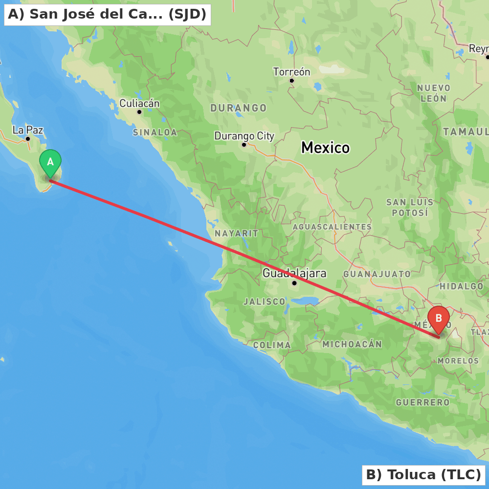 Flight route map from San José del Cabo to Toluca