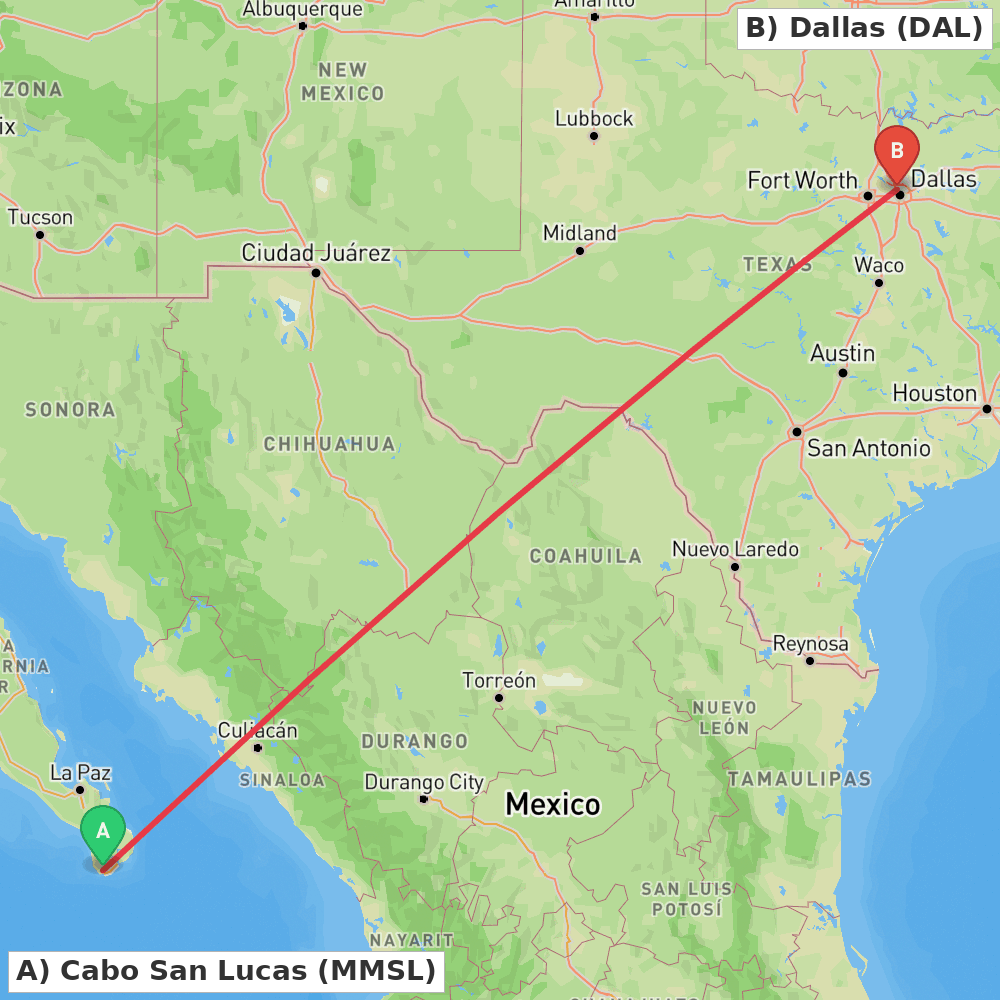 Flight route map from Cabo San Lucas to Dallas
