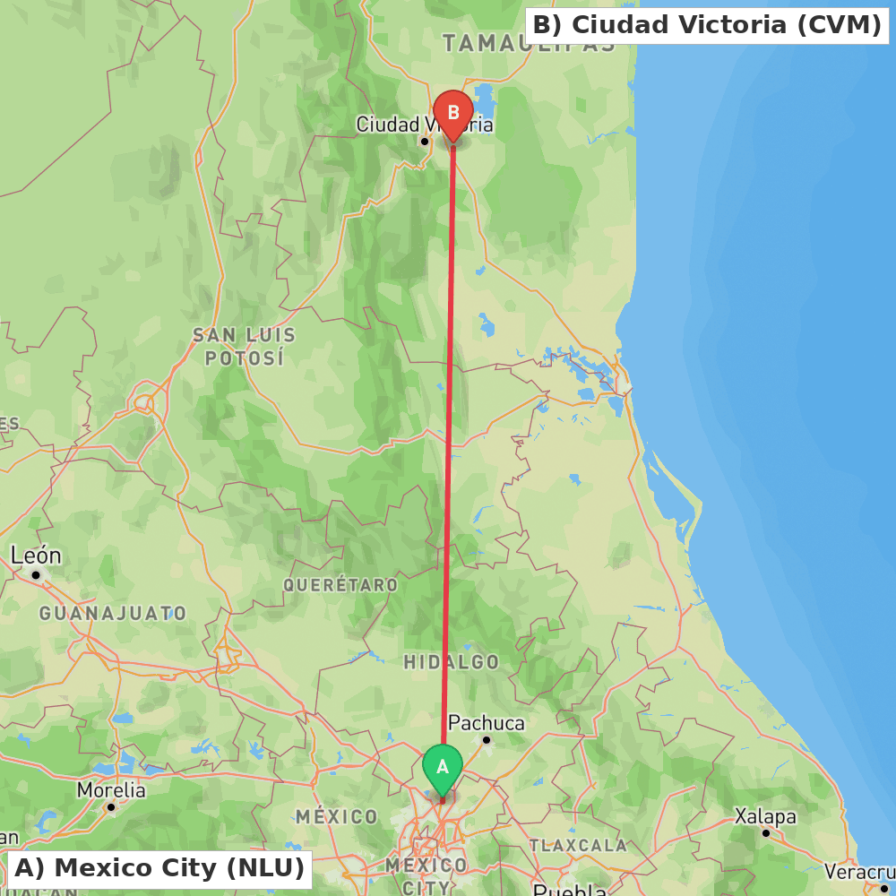 Flight route map from Mexico City to Ciudad Victoria