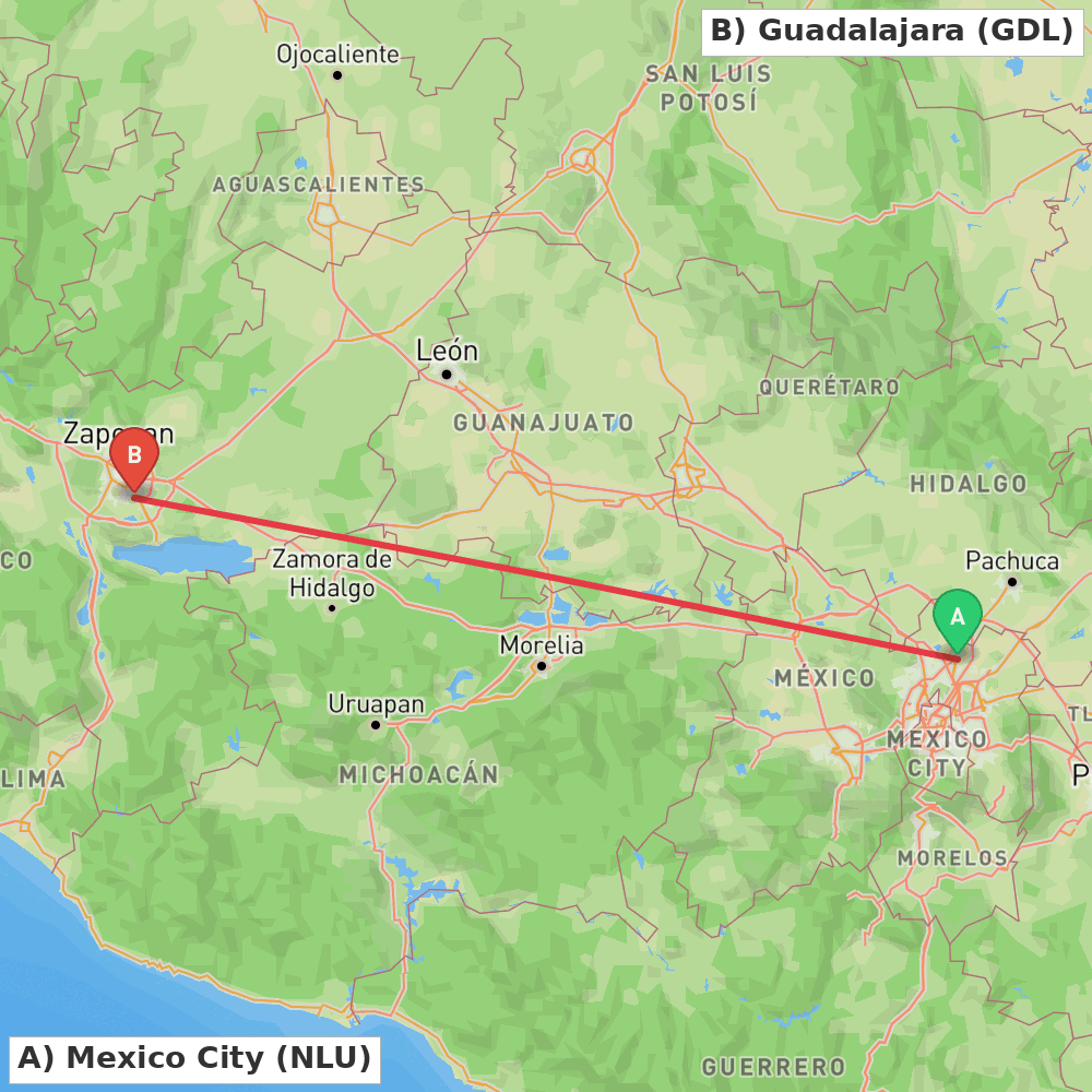 Flight route map from Mexico City to Guadalajara