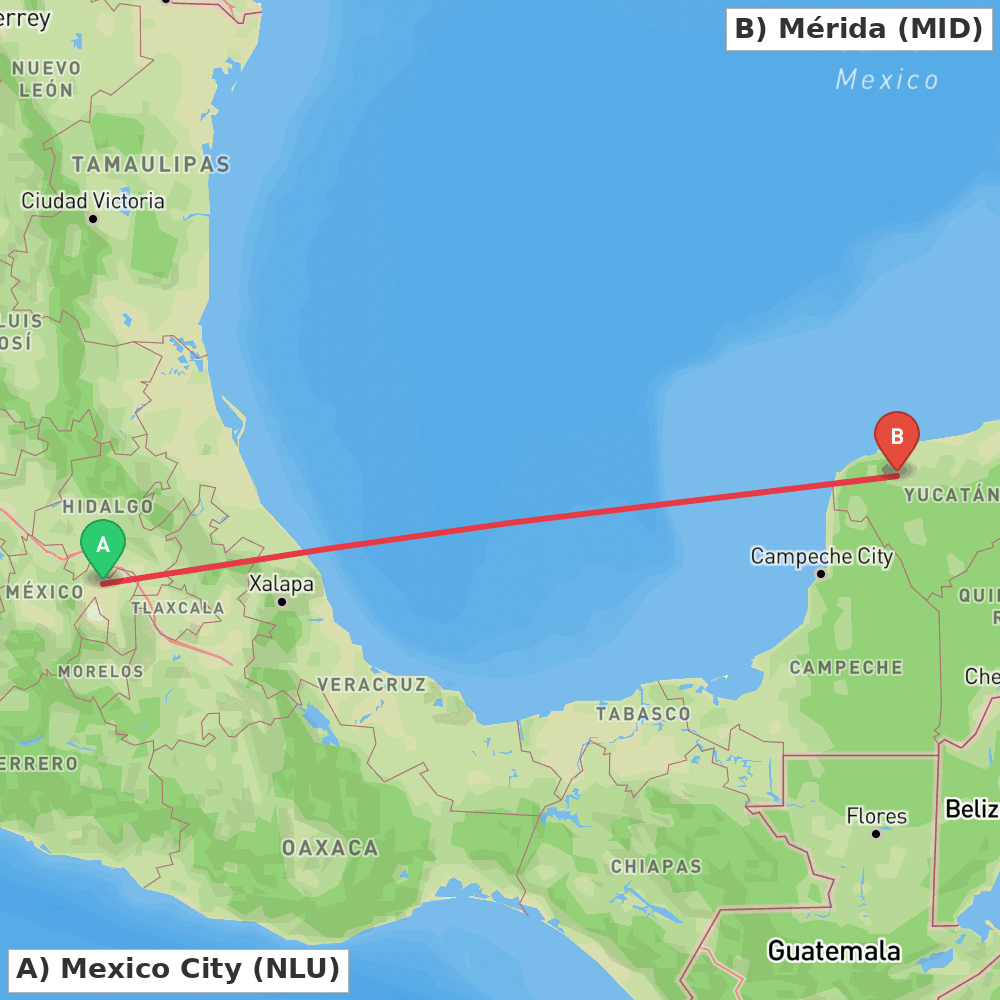 Flight route map from Mexico City to Mérida