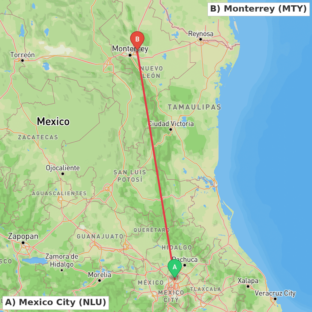 Flight route map from Mexico City to Monterrey