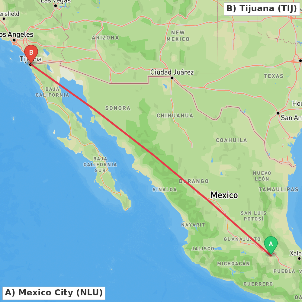 Flight route map from Mexico City to Tijuana