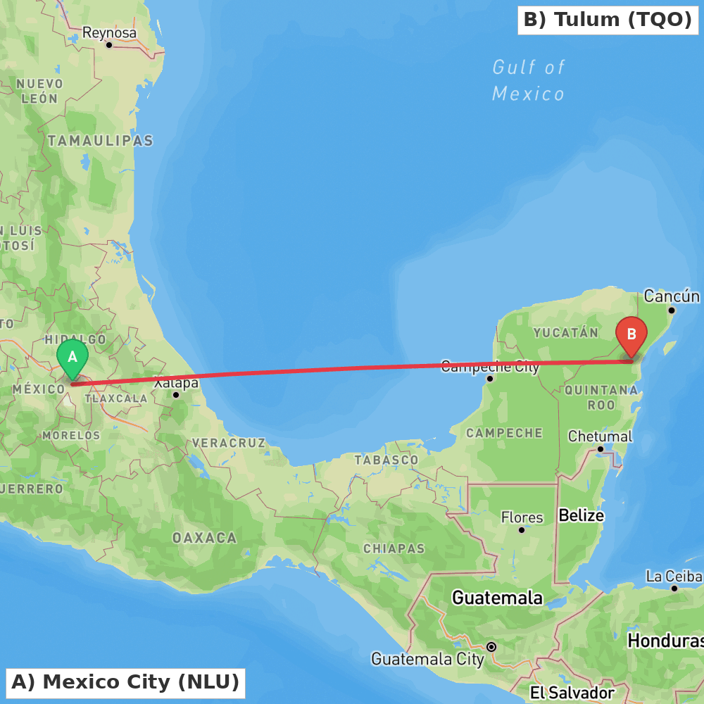 Flight route map from Mexico City to Tulum