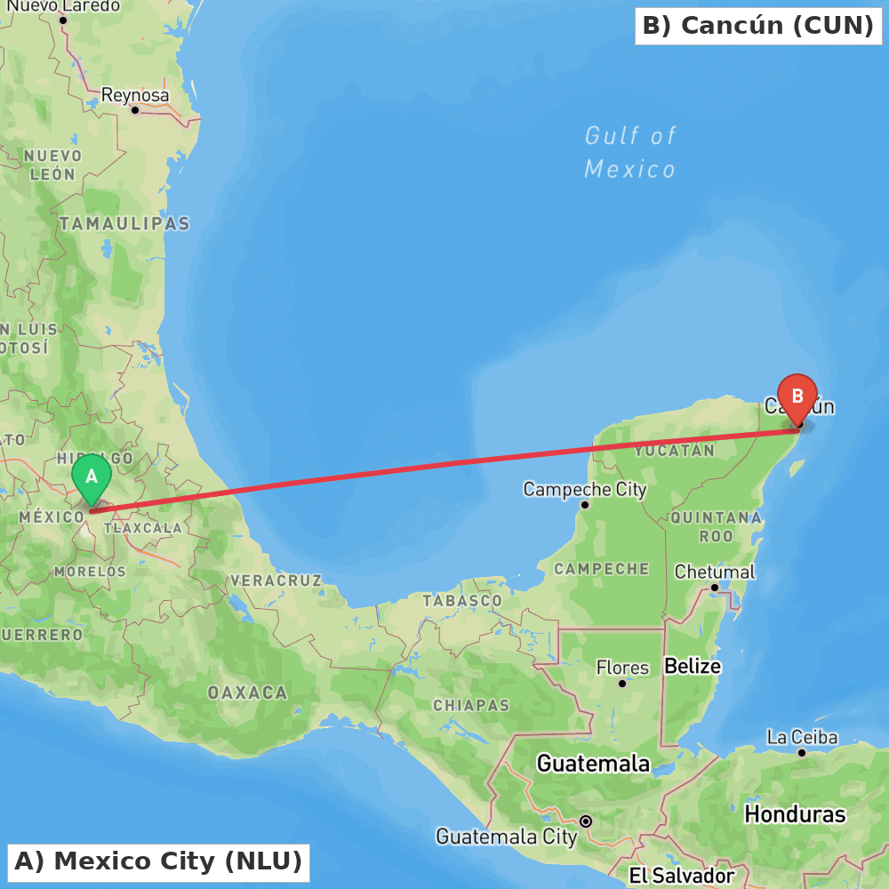 Flight route map from Mexico City to Cancún