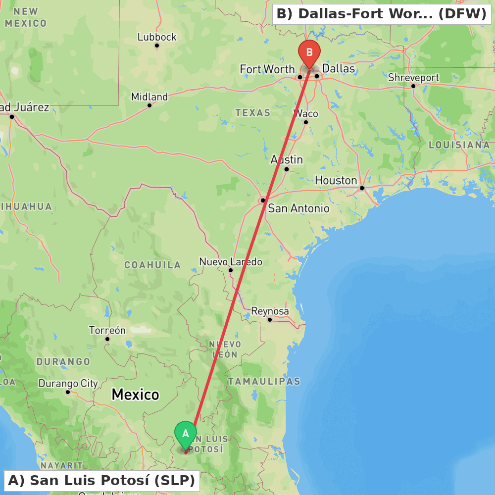 Flight route map from San Luis Potosí to Dallas-Fort Worth