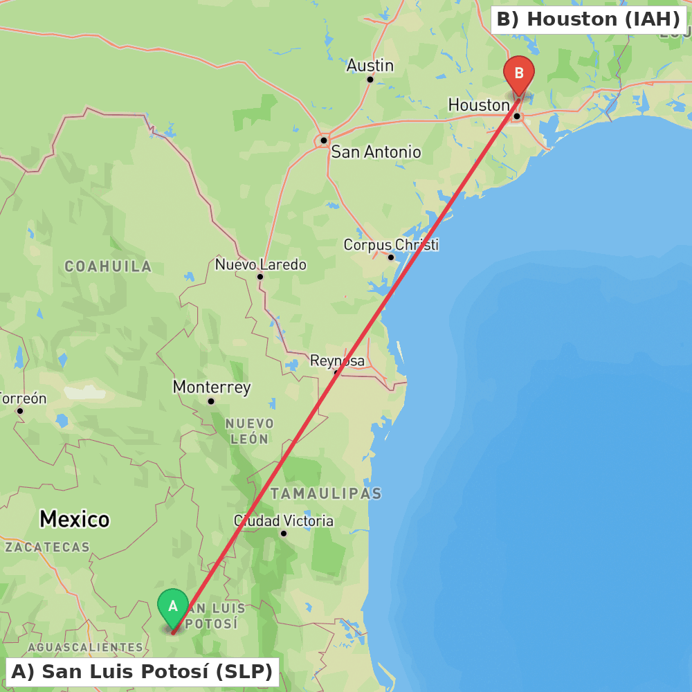 Flight route map from San Luis Potosí to Houston