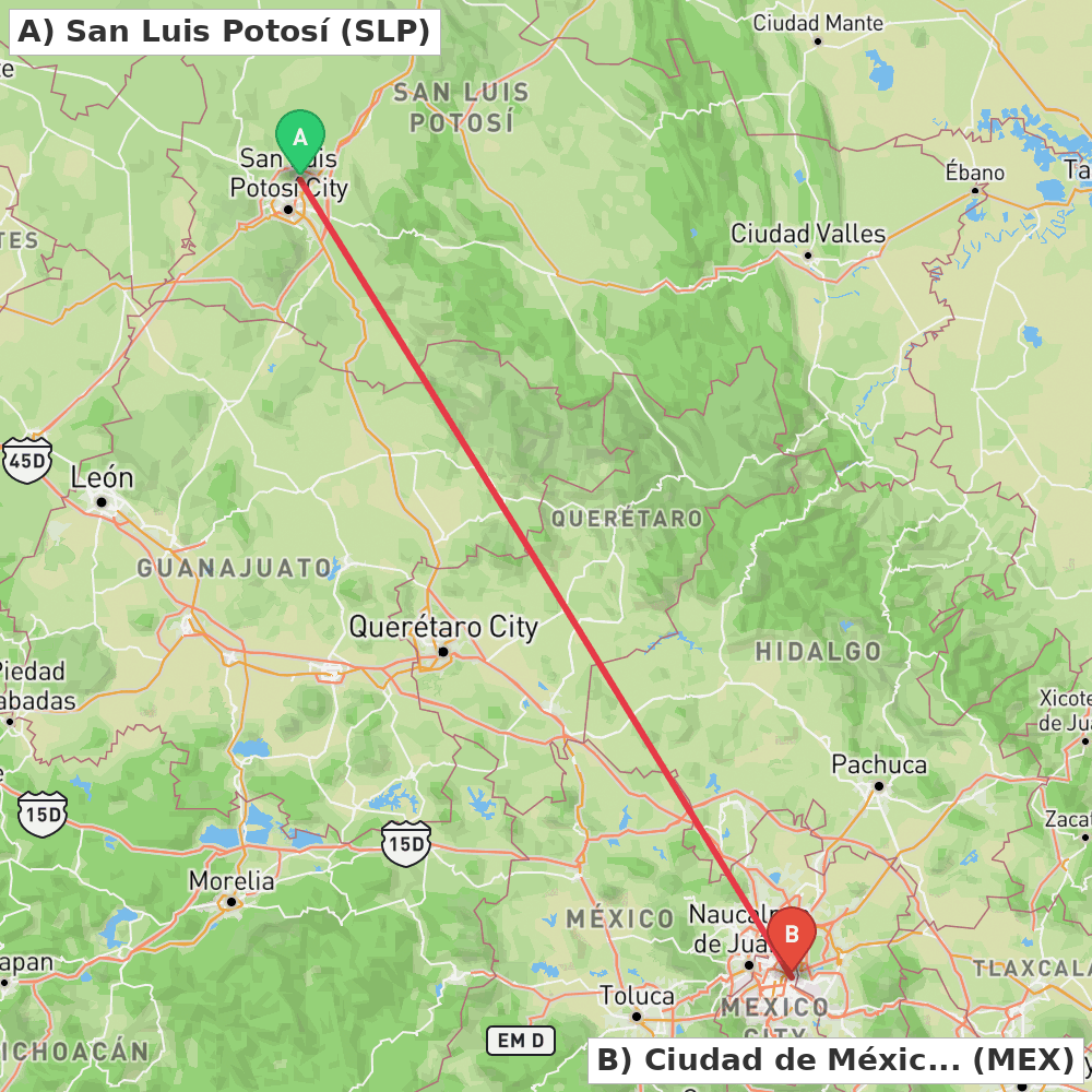 Flight route map from San Luis Potosí to Ciudad de México